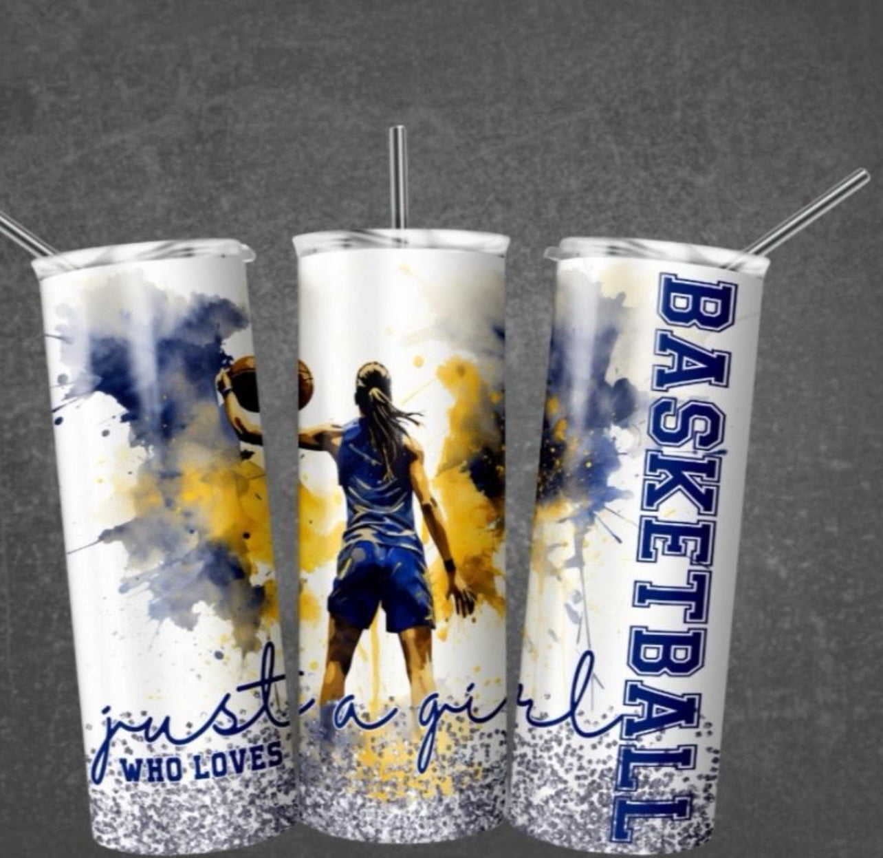 Woman's blue and yellow basketball stainless steel 20 oz tumbler