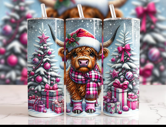 Pink Christmas highland cow